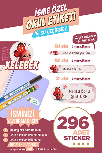 colortouch 296 ADET Kelebek Temalı Okul Etiketi Kalem Etiketi Sticker Defter Etiketi Kişiye Özel İsim Etiketi