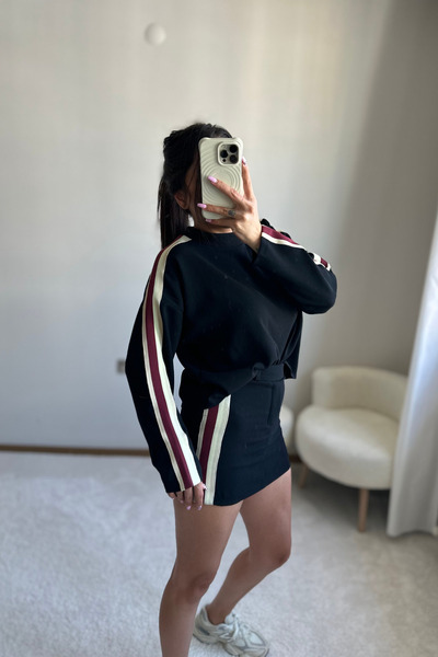 MoyStore Siyah Çizgi Desenli Kadın Şort Etek Bluz Takım
