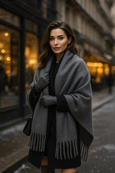 Luminos Butik Women's Anthracite Tasseled Imported Scarf-Shawl Sal1295