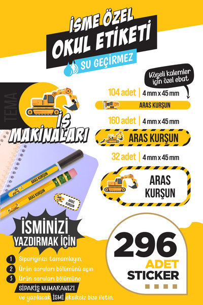 colortouch 296 ADET İş Makinaları Temalı Okul Etiketi Kalem Etiketi Defter Etiketi Kişiye Özel İsim Etiketi