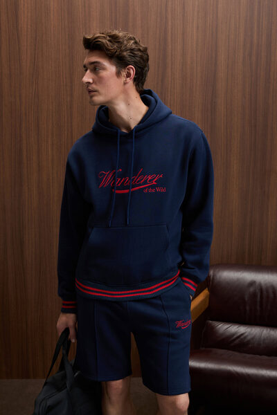 GRIMELANGE مجموعة LEANDRO للرجال ذات القلنسوة والرباط الأمامي والمطرزة بالتنورة والأكمام المفصلة باللون الأزرق الداكن