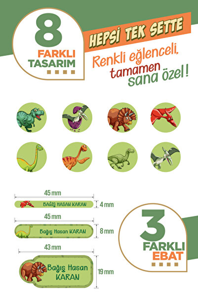 colortouch 296 ADET Dinozor Temalı Okul Etiketi Kalem Etiketi Defter Etiketi Kişiye Özel İsim Etiketi