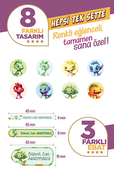 colortouch 296 ADET Dino temalı Okul Etiketi Kalem Etiketi Defter Etiketi Kişiye Özel İsim Etiketi