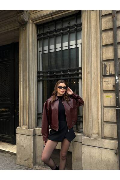Store Bordo Bomber Deri Ceket