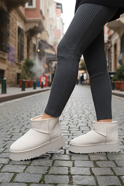 LUXEON Γυναικείες μπότες μπεζ σουέντ - Ζεστό μποτάκι με γούνα, χοντρή σόλα και κοντό στον αστράγαλο