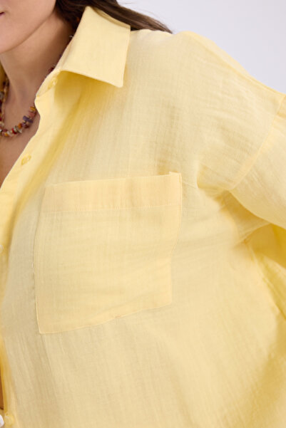 Tudors Women's Oversize Wide Cut 100% Cotton Muslin Fabric Long Sleeve Pocketed Textured Yellow Shirt