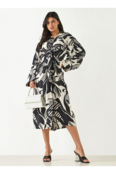 Smart All-Over Abstract Print Collared Dress with Knot Detail Long Sves