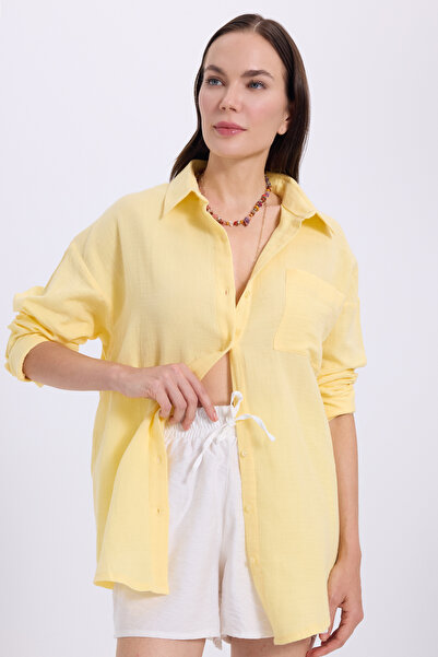 Tudors Women's Oversize Wide Cut 100% Cotton Muslin Fabric Long Sleeve Pocketed Textured Yellow Shirt