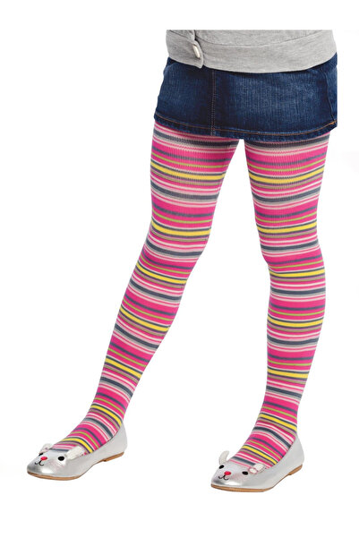 Denokids Girl's Fuchsia Colored Striped Pantyhose