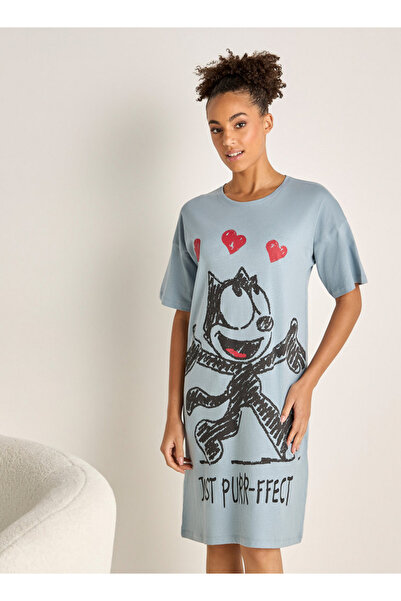 FAV قميص نوم بطبعة القط فيليكس مع رقبة دائرية وأكمام قصيرة