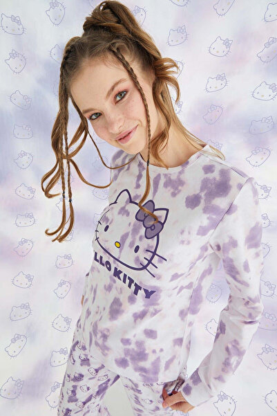 Hello Kitty Lisanslı Uzun Kollu Mor Batik Pijama Takımı