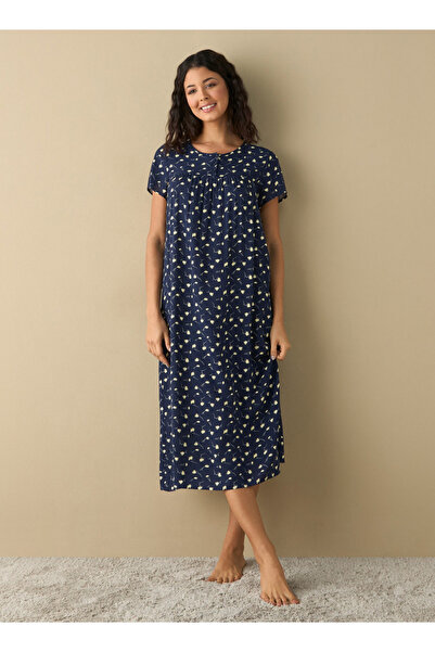 FAV فستان نوم من الفيسكوز بطبعة زهور كاملة ورقبة دائرية وأكمام قصيرة