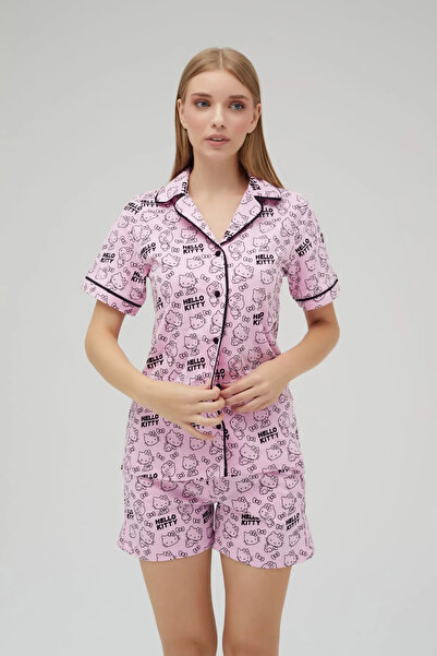 Hello Kitty Lisanslı Düğmeli Pembe Kısa Kollu Pijama Takım