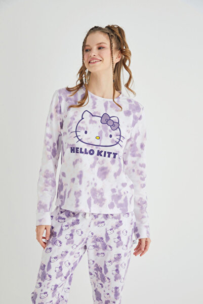 Hello Kitty Lisanslı Uzun Kollu Mor Batik Pijama Takımı