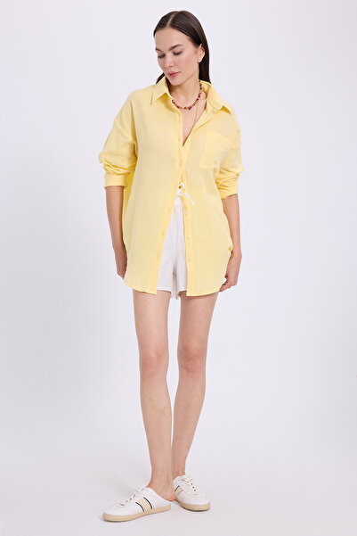 Tudors Women's Oversize Wide Cut 100% Cotton Muslin Fabric Long Sleeve Pocketed Textured Yellow Shirt