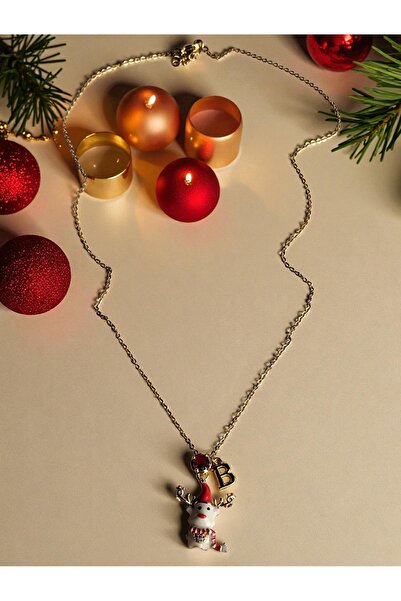 Amabel Jewelerys Yeni Yıl Tasarımlı, Geyik Figürlü Harf Charmlı Yılbaşı Kadın Çelik Zincir Kolye