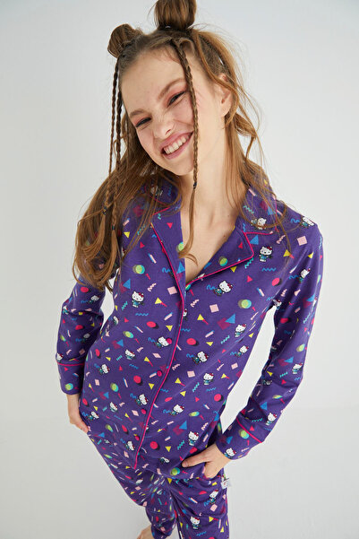 Hello Kitty Lisanslı Düğmeli Uzun Kol Pijama Takım Roz-68