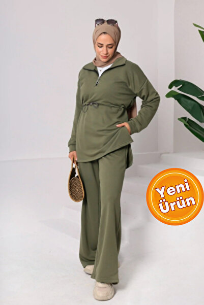 onlymoon Women's Khaki Hijab Set ♦   Zippered Waist Tunic with Tie ♦   Wide Leg Pants ♦   Two Yarns Knitted