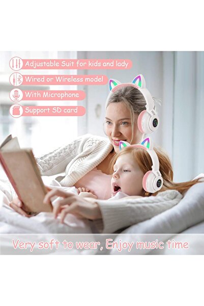 VALA Kids wireless headphones with cat ears, foldable, RGB LED lights, Vala® STN-26 PREMIUM, white