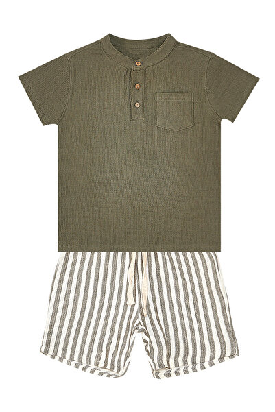 Denokids Baby Boy Green Muslin Striped Shorts and Shirt Set