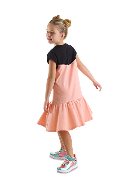 Denokids Unicorn Patterned Floral Girl's Dress - Salmon Black Summer Combed Cotton