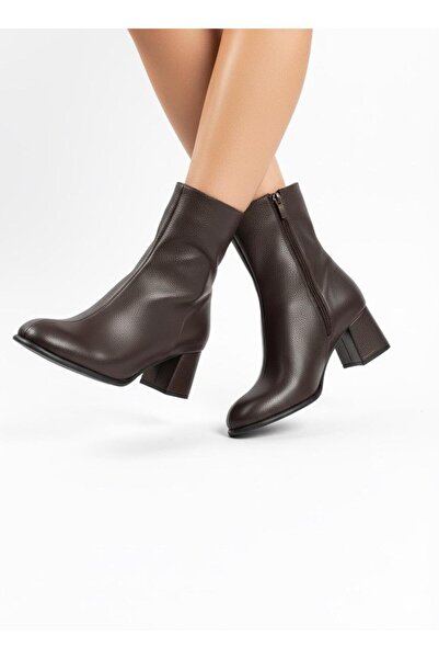 RİVONNA Günlük Kullanım Topuklu Yandan Fermuarlı Siyah Vizon Rengi Kadın Botu