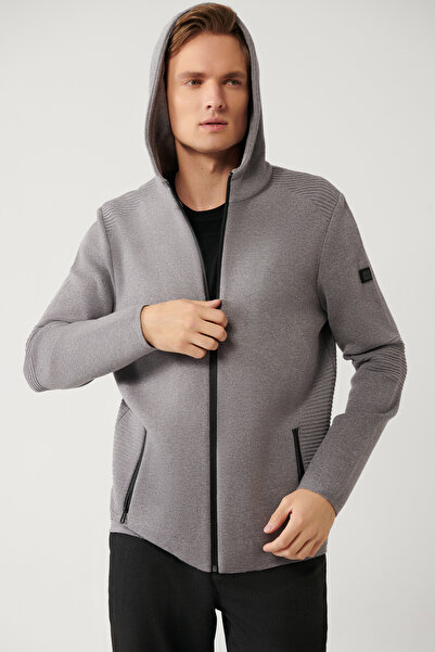 Avva Graue Strickjacke mit Kapuze und Reißverschluss für Herren A32y5051