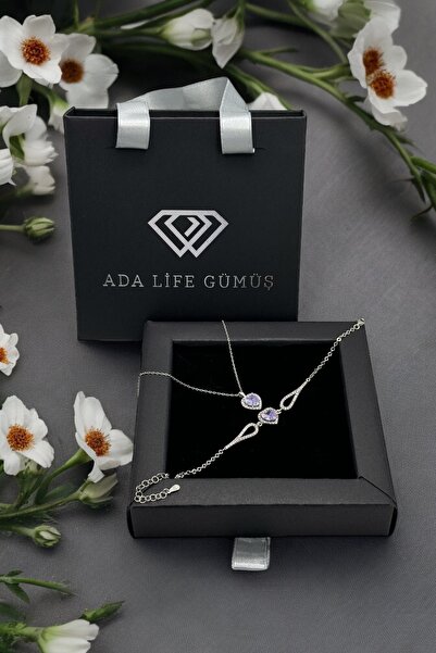 ADA LİFE GÜMÜŞ (ÇANTALI KUTULU)925 Ayar Gümüş Pırlanta Kalp Model Kadın 2 li ...
