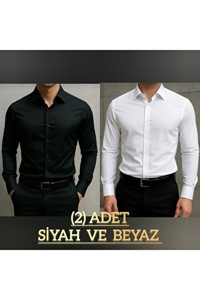 ZENGOLL & RAMİRES قميص رجالي أبيض وأسود بأكمام طويلة - قطعتين