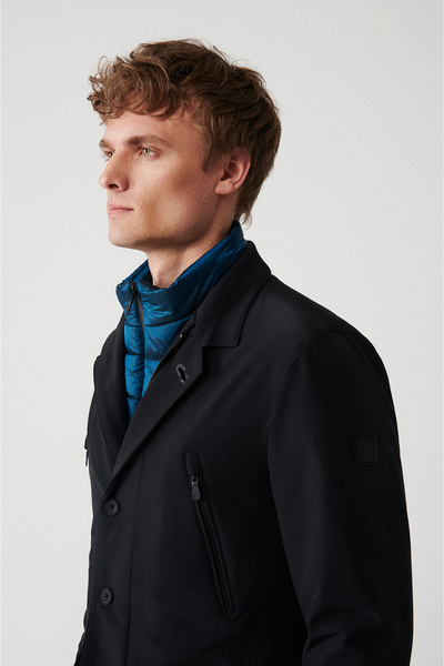 Avva Erkek Siyah Mono Yaka Düğmeli İçi Yelek Görünümlü Mont A32Y6094