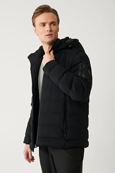 Avva Men's Black Puffer Jacket Goose Feather Water Repellent Windproof with Thermometer Detachable Hood Comfort