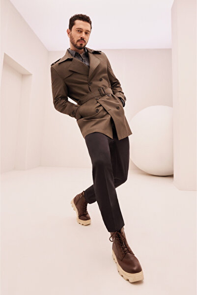 Avva Men's Khaki Water Repellent Fabric Double Breasted Closure Trench Coat A32Y6000