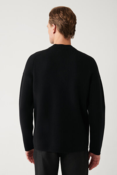 Avva Men's Black Bomber Collar Zip Steel Knitted Knitwear Cardigan A32Y5118