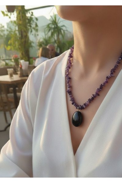 Elmas Dudu Ametist Doğal Taş Kolye - hayat ağacı teması