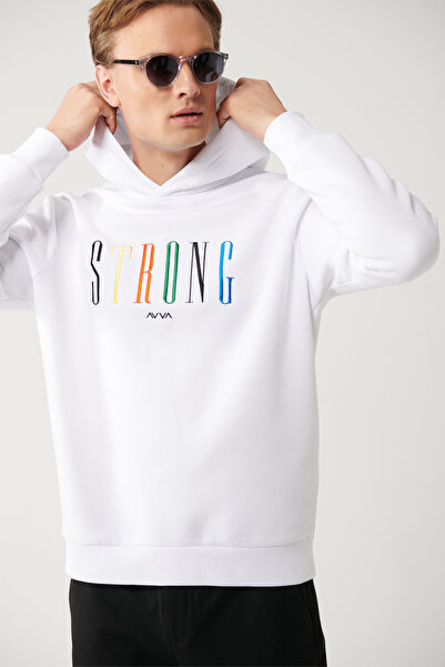 Avva Weißes Herren-Sweatshirt mit Kapuze, 3-fädig, Raster, bestickt, A32y1380