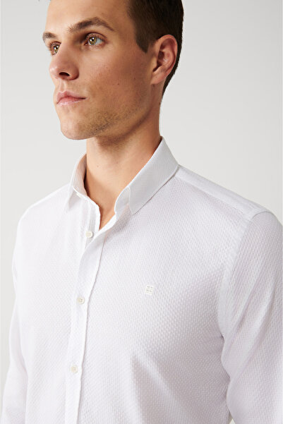 Avva Men's White Classic Collar 100% Cotton Stripe Detailed Shirt A32Y2014