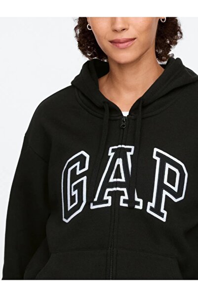 GAP V-Gap Logo Fleece Heritage Fz Hd 678782 Hoodie Hooded Zippered Women's Sweatshirt Black