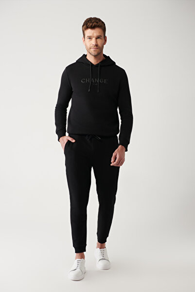 Avva Men's Black Lace-Up Waist 3 Thread Rasterless Printed Sweatpants A32Y3411