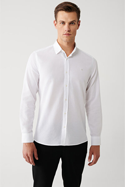 Avva Men's White Classic Collar 100% Cotton Stripe Detailed Shirt A32Y2014