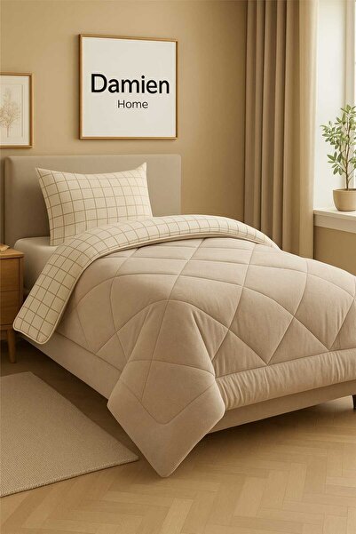 DAMIEN Set cuvertură și husă de pernă Wellsoft cu model pătrat bej, cu două f...