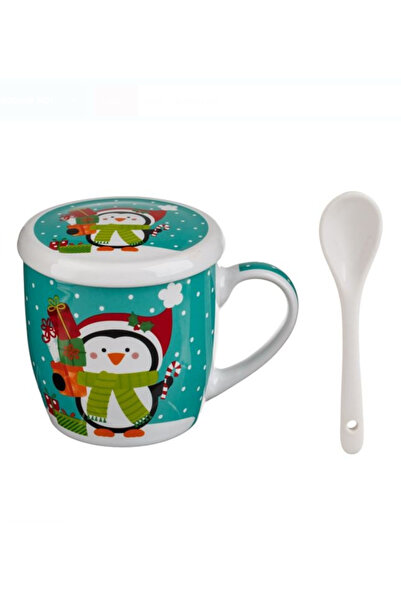 NBPRINT Christmas Mug with Lid & Spoon Set Penguin with Gifts 350ml - 3pcs