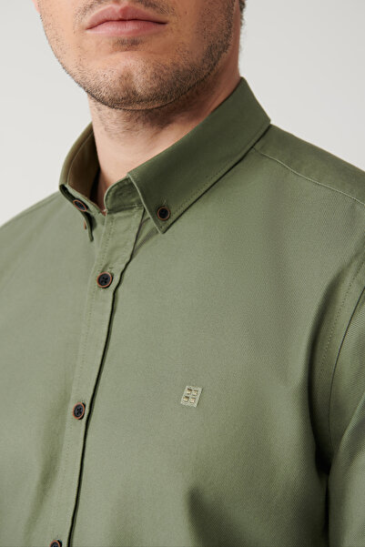 Avva Men's Khaki 100% Cotton Buttoned Collar Shirt A32Y2120