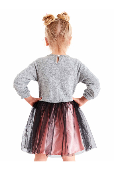 Denokids Kız Çocuk Tüllü Ponçik Gri Tütü Kabarık Uzun Kollu Elbise