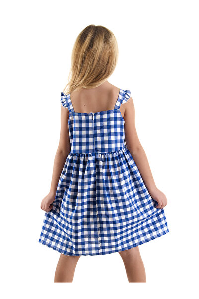 Denokids Κοριτσίστικο μπλε καρό καλοκαιρινό φόρεμα με λουράκι - Star Cat Pattern