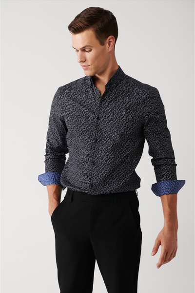 Avva Men's Black Shirt 100% Cotton Patterned A32Y2171