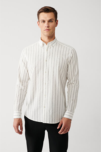 Avva Férfi fehér gombos galléros csíkos gofrált pamut ing A32y2043