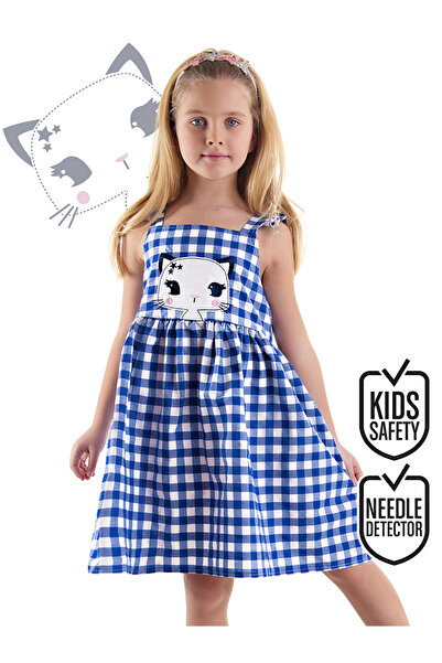 Denokids Κοριτσίστικο μπλε καρό καλοκαιρινό φόρεμα με λουράκι - Star Cat Pattern