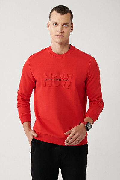 Avva Men's Red Interlock Fabric Crew Neck Printed Sweatshirt A32Y1374