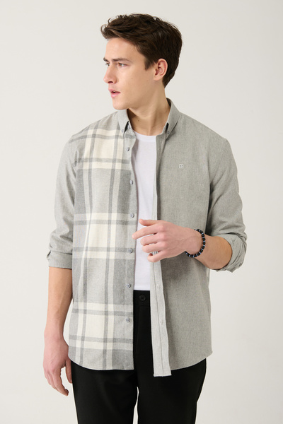 Avva Erkek Gri Pamuklu Ekoseli Flanel Oduncu Gömlek A32Y2119