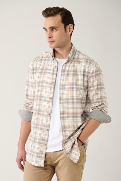 Avva Men's Beige Buttoned Collar 100% Cotton Plaid Shirt A32Y2150